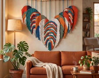 Large Boho Macrame Wall Hanging | Natural Cotton Leaf Feather Tapestry