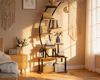 Half Moon Bookshelf with LED Lights | 9-Tier Rustic Ladder Display Shelf