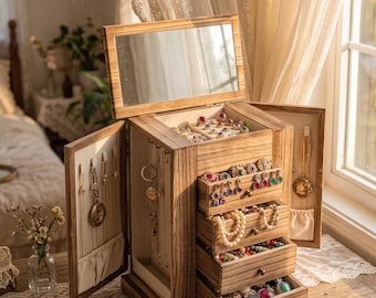 Puede incluir: Un joyero de madera con tapa abatible que incluye un espejo interior, paneles laterales para colgar collares y cuatro cajones extraíbles. La caja está llena de varios anillos, collares y pulseras, mostrando un acabado de veta de madera.