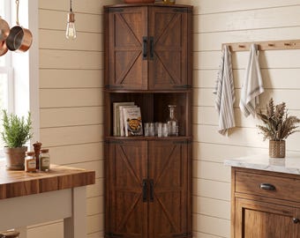 Tall  Fluted Farmhouse Storage Corner Cabinet | Barn Doors, 5-Tier Storage Organizer, Space Saver Shelf