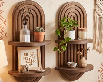 Boho Arch Shelves | Set of 2 Rainbow Wooden Wall Shelf, Mid Century Decor
