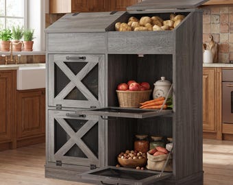 Farmhouse Potato Onion Storage Bin | Wooden Root Vegetable Organizer, Bread Keeper