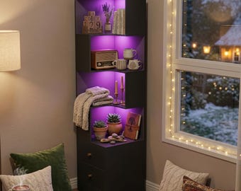 Lighted Corner Shelf with Drawers | 5-Tier Modern Bookshelf Storage Cabinet