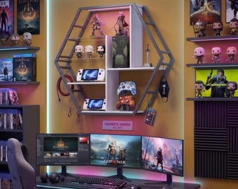 LED Floating Shelves | Hexagon or 7-Tier Glass Display Rack (Gaming Room Decor)