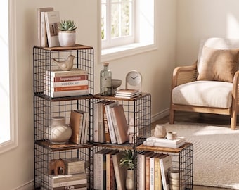 Stackable 2-Cube Metal Wire Bookcase | Modular Storage Organizer, Living Room Decor