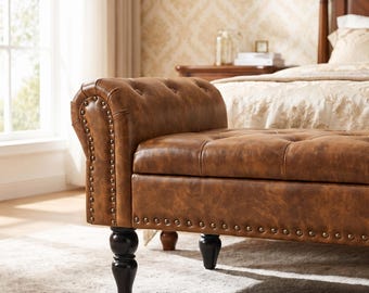 Mid-Century Modern Upholstered Storage Bench | Faux Leather, Fur, Linen Ottoman