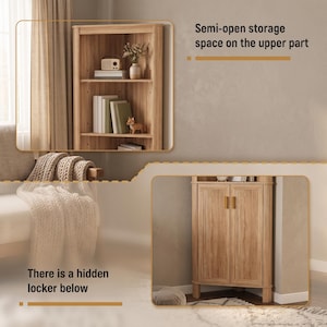 Puede incluir: Un mueble esquinero de madera clara con una secci&oacute;n superior de estantes abiertos para libros y decoraci&oacute;n, y una secci&oacute;n inferior con dos puertas cerradas con detalles estriados verticales y tiradores peque&ntilde;os. Texto: Semi-open storage space on the upper part y There is a hidden locker below.