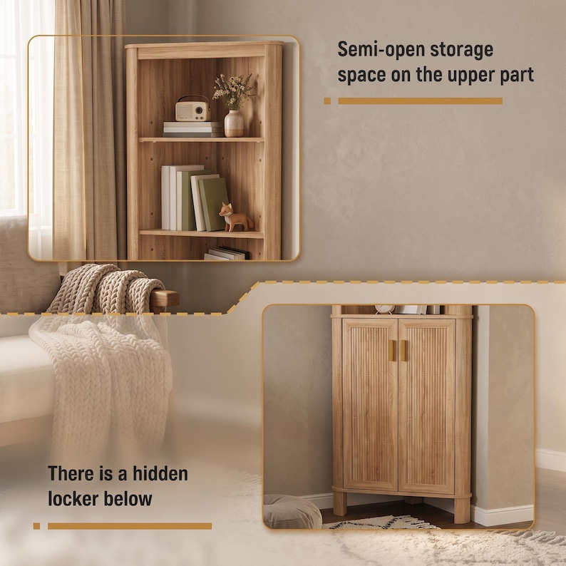 Puede incluir: Un mueble esquinero de madera clara con una secci&oacute;n superior de estantes abiertos para libros y decoraci&oacute;n, y una secci&oacute;n inferior con dos puertas cerradas con detalles estriados verticales y tiradores peque&ntilde;os. Texto: Semi-open storage space on the upper part y There is a hidden locker below.