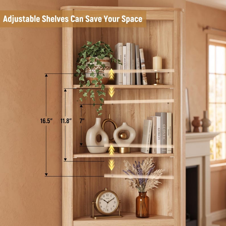 Puede incluir: Una estanter&iacute;a de esquina de madera clara con estantes ajustables. La unidad presenta el texto Adjustable Shelves Can Save Your Space e incluye marcadores de dimensi&oacute;n de 17,8 cm, 30 cm y 41,9 cm entre los niveles de los estantes.