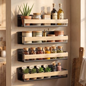 4 Pack Magnetic Spice Rack, Bamboo Metal Refrigerator Organizer Shelves, No Drill Kitchen Storage