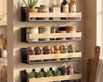 4 Pack Magnetic Spice Rack, Bamboo Metal Refrigerator Organizer Shelves, No Drill Kitchen Storage
