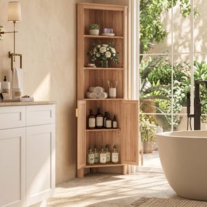Puede incluir: Un armario esquinero alto de madera clara con tres estantes superiores abiertos y una secci&oacute;n inferior con dos puertas. Los estantes contienen varios accesorios de ba&ntilde;o, incluyendo una planta en maceta, toallas blancas y botellas.