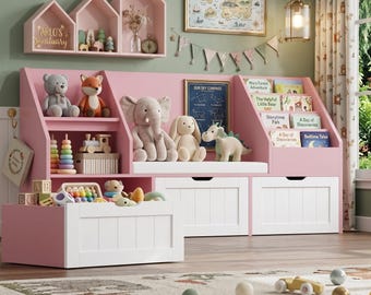 Kids Bookshelf Reading Nook Bench | 55" Toy Storage Organizer with Cushion for Playroom Furniture