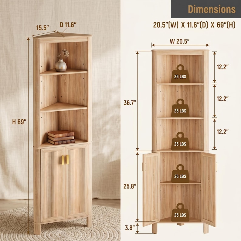 Puede incluir: Un armario esquinero de madera clara con tres estantes abiertos y un compartimento inferior con dos puertas estriadas y tiradores dorados. La unidad mide 52,07 cm de ancho, 29,46 cm de fondo y 175,26 cm de alto, con 11,34 kg por estante.