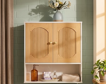 Fluted Arched Door Bathroom Cabinet | 23" Over Toilet Storage with Gold Knobs