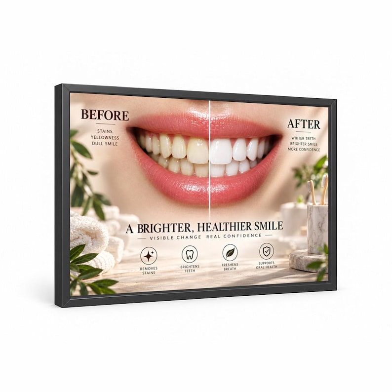 Texting While Smiling Drawing Teeth Whitening Before After Canvas Poster Black Frame Wall Art Retro ...