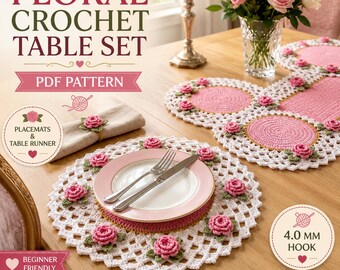 Floral Crochet Table Runner Placemat Pattern, 3D Roses, Lace Border (PDF Download)