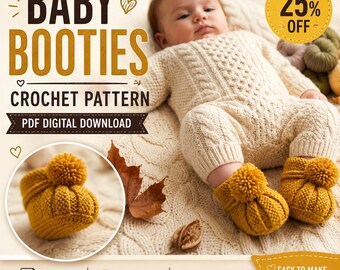 Crochet Baby Booties Pattern, Pom Pom Slippers, Easy PDF (Digital Download)
