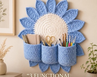 Crochet Sunflower Wall Organizer Pattern, 3 Pocket Hanging Storage (PDF Download)