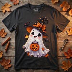 May include: A dark gray t-shirt featuring a graphic of a white ghost wearing a black witch hat with orange stars and a bow. The ghost holds a glowing orange jack-o'-lantern bucket and a lantern, surrounded by two small bats and a spider.