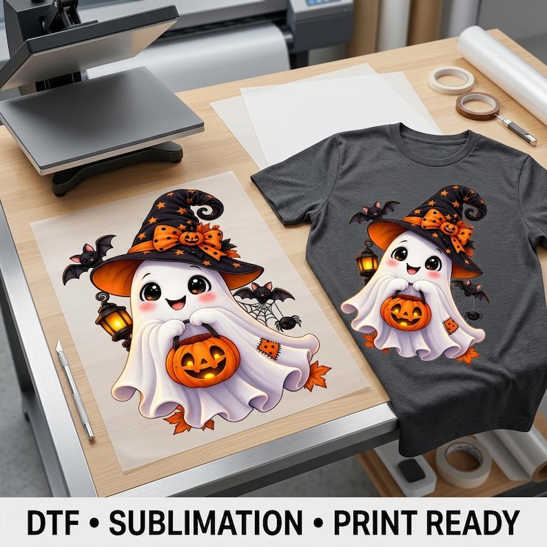 May include: A dark gray t-shirt featuring a graphic of a white ghost wearing a black witch hat with an orange bow, holding a jack-o'-lantern. The ghost is surrounded by small bats, a lantern, and a spider web. A matching transfer sheet is shown.