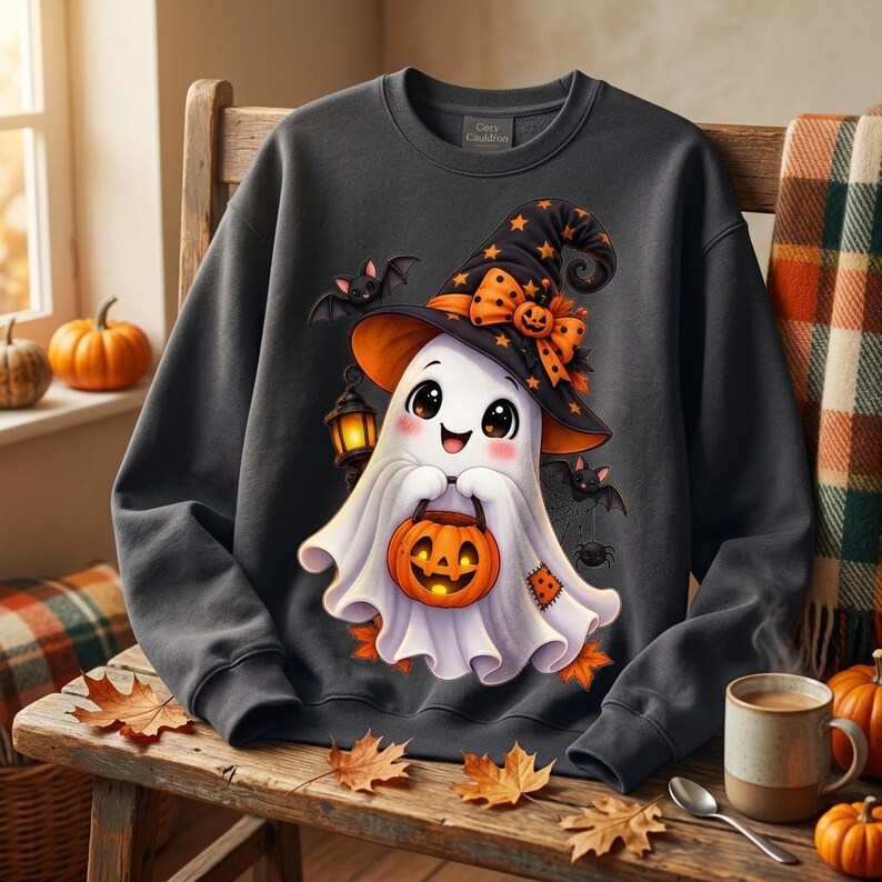 May include: A dark gray crewneck sweatshirt featuring a graphic of a white ghost wearing a black witch hat with orange stars and a bow. The ghost holds a glowing orange jack-o'-lantern bucket and a lantern, surrounded by bats and a spider.