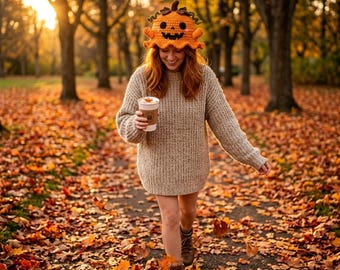 Crochet Pumpkin Ghost Bucket Hat Pattern, Halloween Jack O Lantern Beanie (PDF Download)