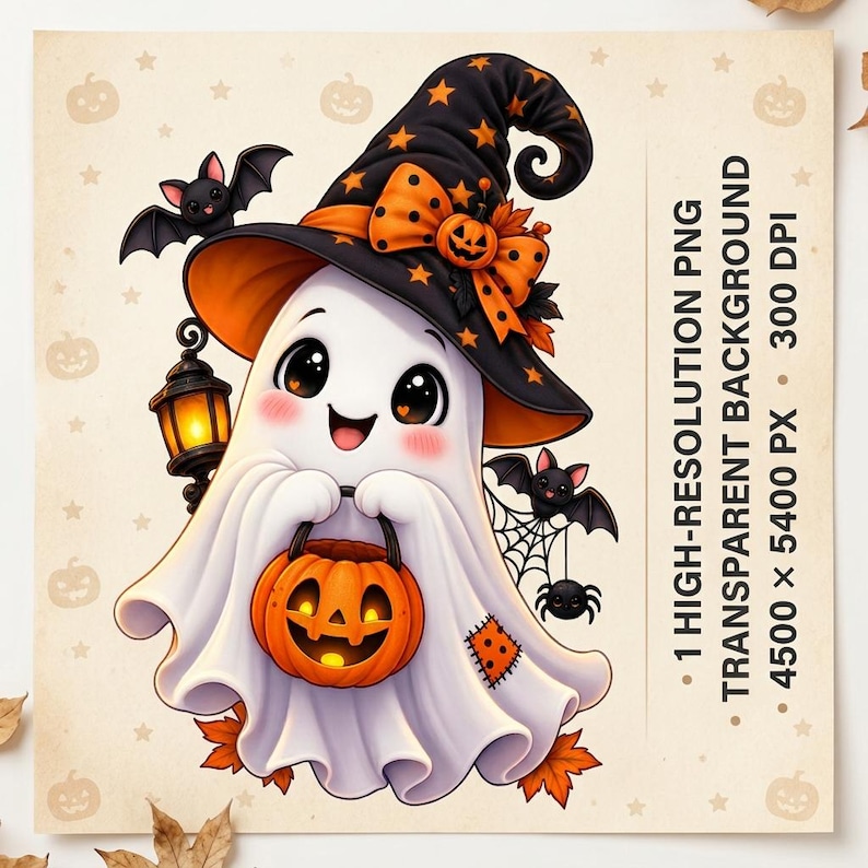 May include: A white ghost illustration wearing a black witch hat with orange stars and a pumpkin bow. The ghost holds an orange jack-o'-lantern bucket and a lantern. Text reads: 1 HIGH-RESOLUTION TRANSPARENT PNG 4500 x 5400 PX 300 DPI.