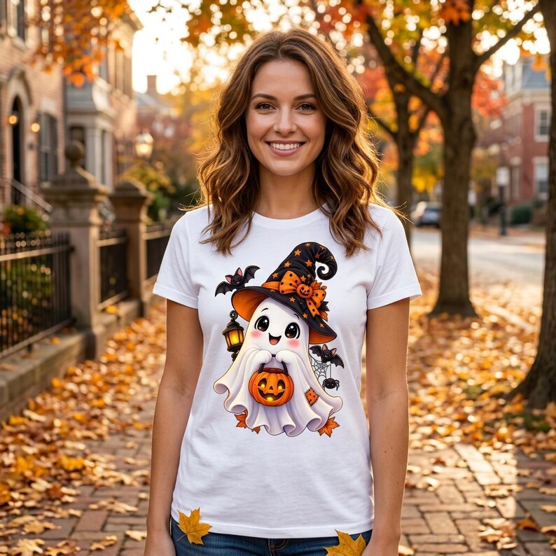 May include: A white short-sleeved t-shirt featuring a graphic of a smiling ghost wearing a black witch hat with orange stars and a bow. The ghost holds an orange jack-o'-lantern bucket, accompanied by small bats, a spider, and autumn leaves.
