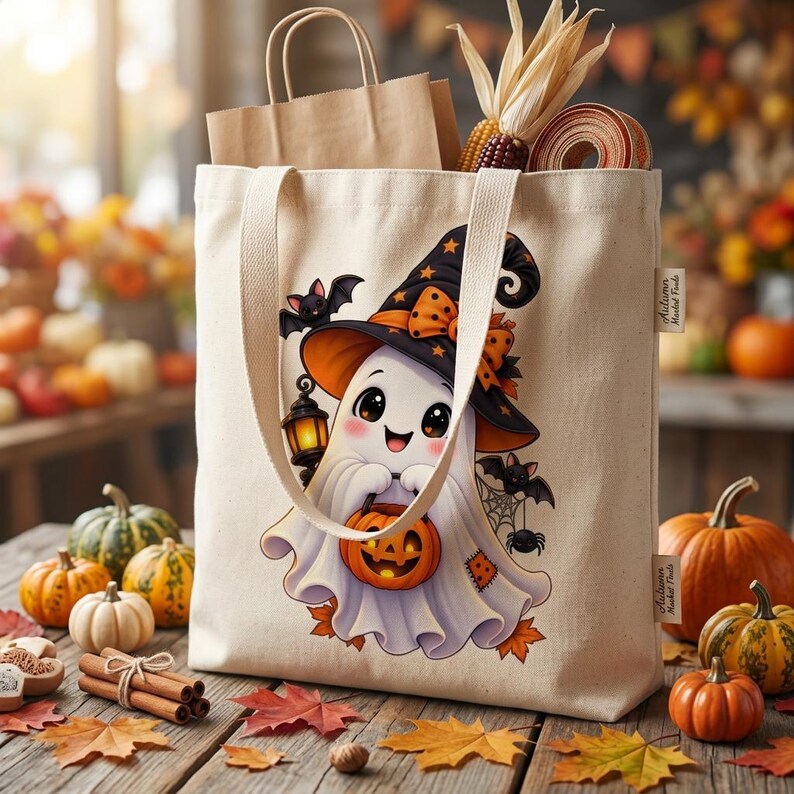 May include: A cream-colored canvas tote bag featuring a graphic of a smiling ghost wearing a witch hat and holding a jack-o'-lantern. The design includes a small bat, a spider, and a lantern. A small tag on the side reads Autumn Market Finds.