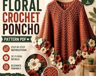 Floral Crochet Poncho Pattern PDF, Textured Boho Wearable, 3D Flower Details (Digital Download)