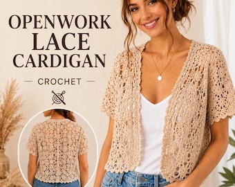 Openwork Lace Cardigan Crochet Pattern, Short Sleeve Bolero (PDF Download)