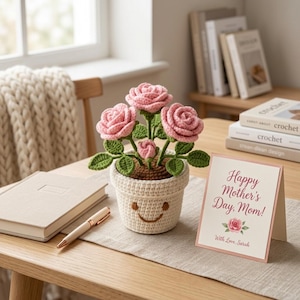 Modèle de pot de fleurs en forme de rose au crochet, plante amigurumi souriante (PDF, téléchargement instantané)