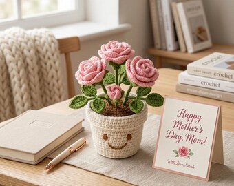 Crochet Rose Flower Pot Pattern, Smiling Amigurumi Plant PDF (Instant Download)