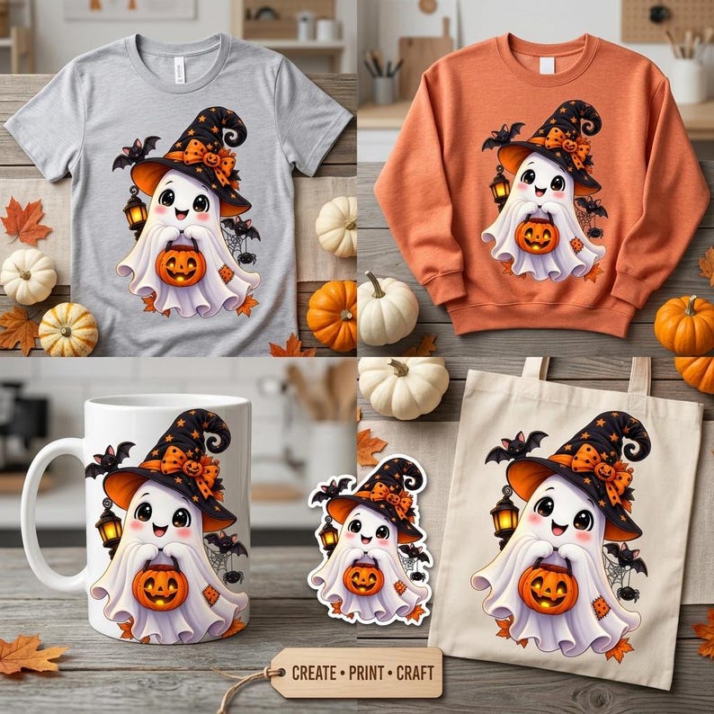 May include: A gray t-shirt, an orange sweatshirt, a white ceramic mug, a sticker, and a beige tote bag, each featuring a graphic of a smiling ghost wearing a witch hat, holding a jack-o'-lantern, with bats and a lantern nearby.