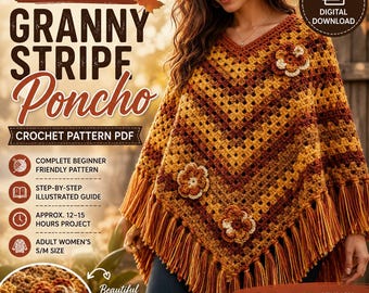 Autumn Granny Stripe Poncho Crochet Pattern PDF, Boho Fringe, Beginner Friendly (Digital Download)