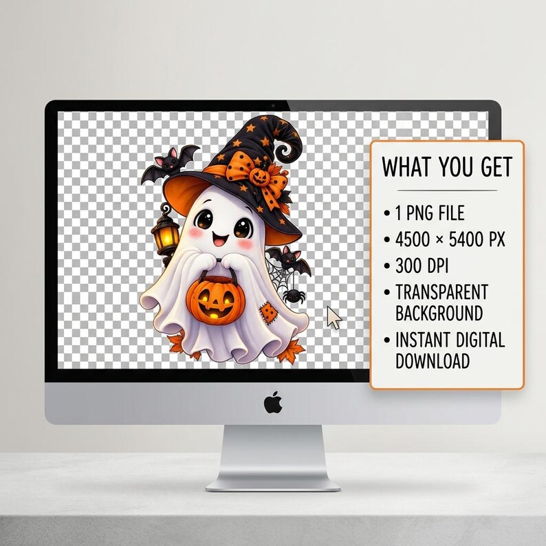 May include: A digital illustration of a white ghost wearing a black witch hat with an orange bow, holding a jack-o'-lantern bucket. The image includes a lantern, bats, and a spider. Text reads: WHAT YOU GET, 1 PNG FILE, 4500 x 5400 PX, 300 DPI.