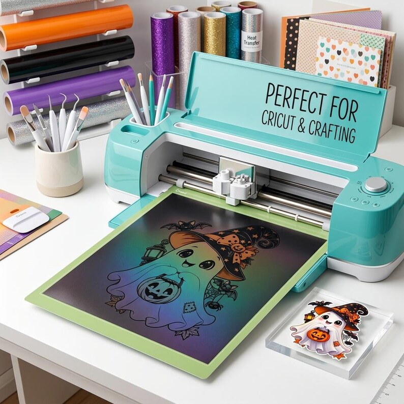 May include: A teal electronic cutting machine with the text PERFECT FOR CRICUT & CRAFTING on its lid. It features a cutting mat with a colorful ghost illustration wearing a witch hat and holding a pumpkin, alongside crafting tools and vinyl rolls.