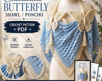 Crochet Butterfly Shawl Pattern PDF, Beginner Lace Poncho Wrap (Digital Download)