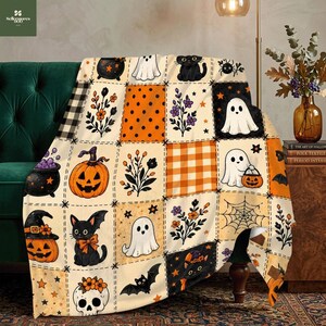Halloween Ghost Fleece Blanket, Spooky Black Cat Throw Blanket, Cozy Pumpkin Patchwork Blanket, Cute Fall Halloween Sofa Decor Gift