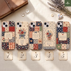 May include: Five smartphone cases featuring patchwork designs with floral, gingham, and star patterns in red, blue, and cream. Each case displays unique text, including Bible verses like Be Still and Know, Thankful Grateful Blessed, and Trust in the Lord.