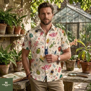May include: A short-sleeved button-down shirt featuring an all-over print of various colorful insects, including beetles, moths, and dragonflies, interspersed with small floral elements on a cream-colored background.