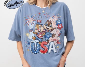 Chemise patriotique américaine Chip N Dale rétro, t-shirt feux d'artifice Disney 4 juillet, voyage en famille le jour de l'indépendance 2026, chemises 250e anniversaire de l'Amérique