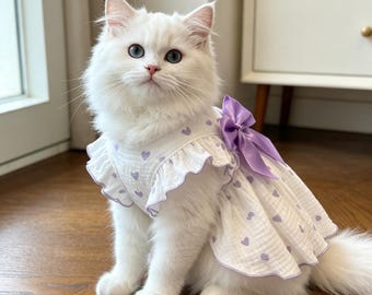 Frühling Sommer Haustier-Kleid - Süßes Hunde-Katzen-Outfit mit Herz-Print - Leichtes Welpen-Kleid für kleine Hunde (Pudel, Bichon) & Katzenbekleidung
