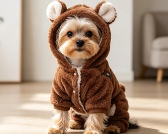 Winter Dicker Bär Fleece Hoodie Vierbeiniger Haustier Overall für Kleine Hunde & Katzen | Warmer Teddy Bichon Welpen Mantel Gemütliches Kapuzen-Outfit