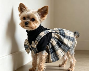 Britisch kariertes Haustier-Strumpfkleid - Gelb-Braun-Karo-Katzen- & Kleiner-Hund-Outfit, Vintage-Welpenrock, handgefertigte Haustierkleidung