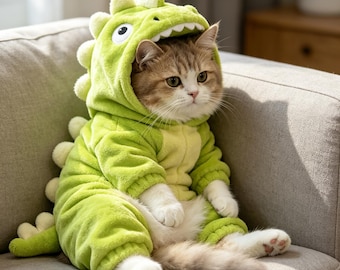 Dinosaurier Vierbein Haustier Overall für Hunde Katzen | Warmer Flanell Hoodie Onesie Winter Kostüm | Gemütliche niedliche Haustierkleidung für kleine und mittlere Haustiere