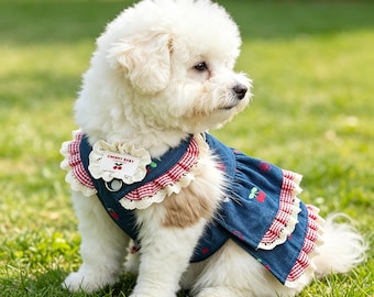 Denim Cherry Straps Kleid für Hunde & Katzen | Niedliches Haustier Rock Outfit für Teddy, Bichon, Pommern | Leichte Outdoor-Bekleidung für Haustiere