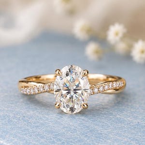 Oval Moissanite Engagement Ring, Infinity Twist Band, Round Accent Stones, Dainty Bridal Ring, Minimalist Proposal Ring, Diamond Alternative
