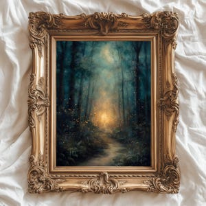 Enchanted Forest Firefly Path Oil Painting Print, Vintage Woodland Wall Art (Digital Download)
